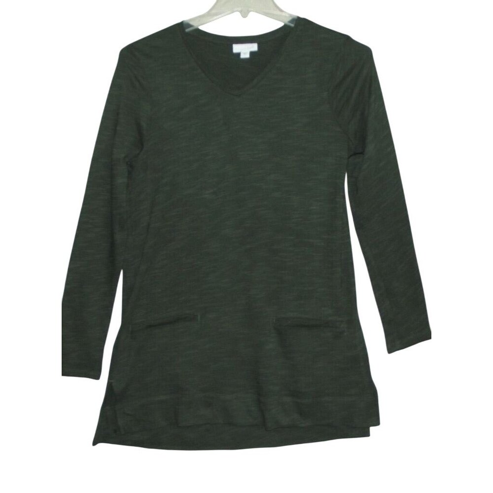 J. Jill Tunic Top Womens Small Long Green Heather v-neck pockets shirt hi lo hem